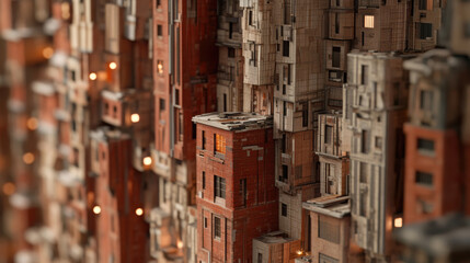 close up view of detailed city skyline model showcasing intricate architecture and warm lighting, creating captivating urban atmosphere