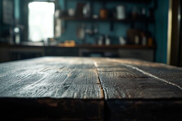 Rustic wooden table, kitchen background, product display
