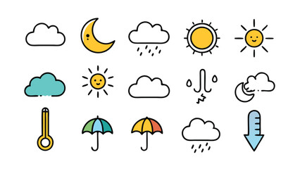 Blue Cloud Icon Set with Rain and Weather Symbols on Transparent Background