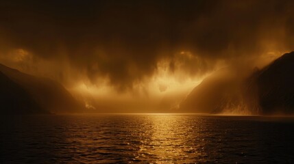 A dramatic sunset over a lake, with dark clouds and glowing golden reflections on the water, creating a moody atmosphere.