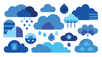 Blue Cloud Icon Set with Rain and Weather Symbols on Transparent Background
