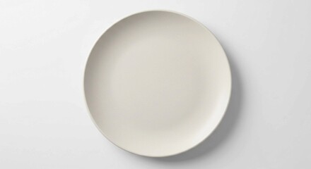 A plain white dinner plate, centered on a white background, embodies minimalist design and is ideal for food photography