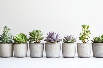 A simple yet elegant design of succulents in concrete pots, aligned on a white background, symbolizing eco-friendly gifts and environmental responsibility.