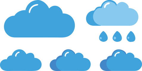 Blue Cloud Icon Set with Rain and Weather Symbols on Transparent Background