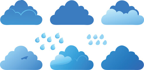 Blue Cloud Icon Set with Rain and Weather Symbols on Transparent Background