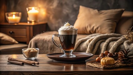 Fototapeta premium Cozy Evening with Whipped Coffee and Sweet Treats on a Wooden Table