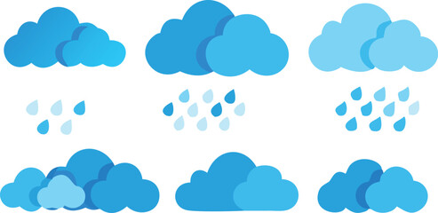 Blue Cloud Icon Set with Rain and Weather Symbols on Transparent Background