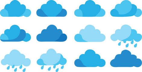 Blue Cloud Icon Set with Rain and Weather Symbols on Transparent Background