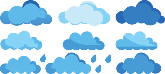 Blue Cloud Icon Set with Rain and Weather Symbols on Transparent Background