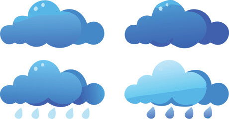 Blue Cloud Icon Set with Rain and Weather Symbols on Transparent Background