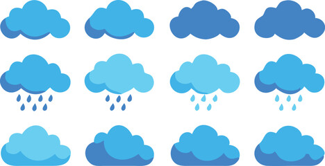 Blue Cloud Icon Set with Rain and Weather Symbols on Transparent Background