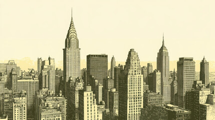 Vintage style city skyline illustration featuring iconic buildings. artwork captures essence of urban architecture with nostalgic touch, showcasing detailed structures and muted color palette