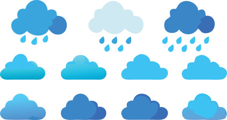 Blue Cloud Icon Set with Rain and Weather Symbols on Transparent Background