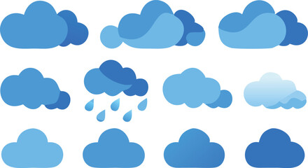 Blue Cloud Icon Set with Rain and Weather Symbols on Transparent Background