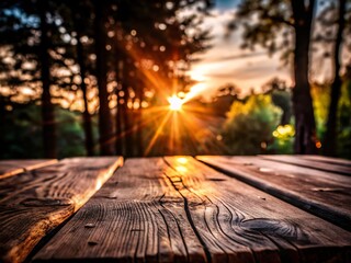 sunset on the wooden table can be used for mocking up or display product to make advertising.