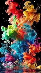 Obraz premium A vibrant explosion of colorful ink swirls against a dark background, creating a mesmerizing and dynamic visual effect.