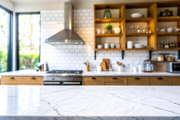 White marble top with kitchen room background can be used for mocking up or display product to make advertising. 