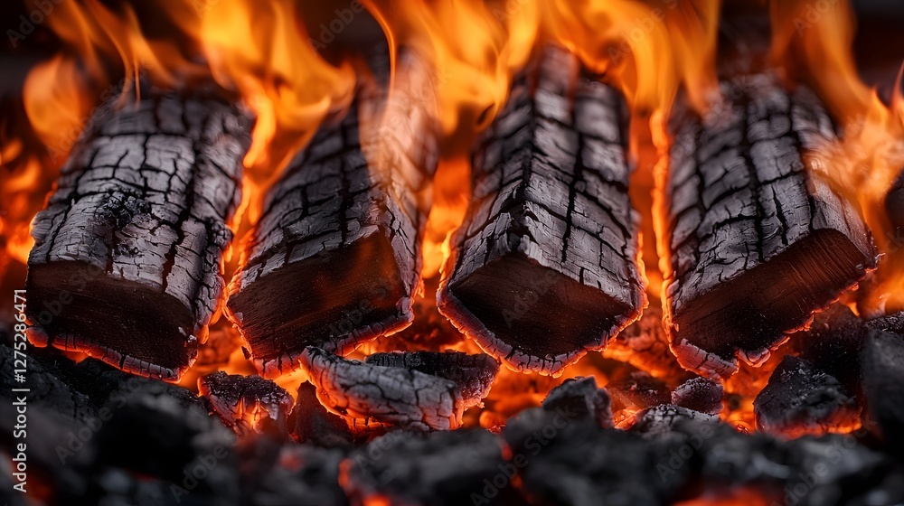 Poster and intense composition of fiery orange flames wrapping around darkened logs with bright embers danc