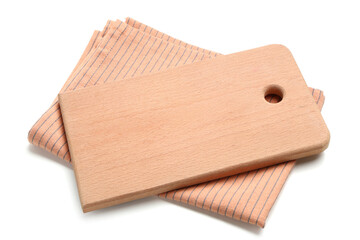 Wooden cutting board and striped napkin on white background