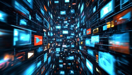 Digital media tunnel, streaming data, internet, technology, future, background, motion, abstract, website, banner