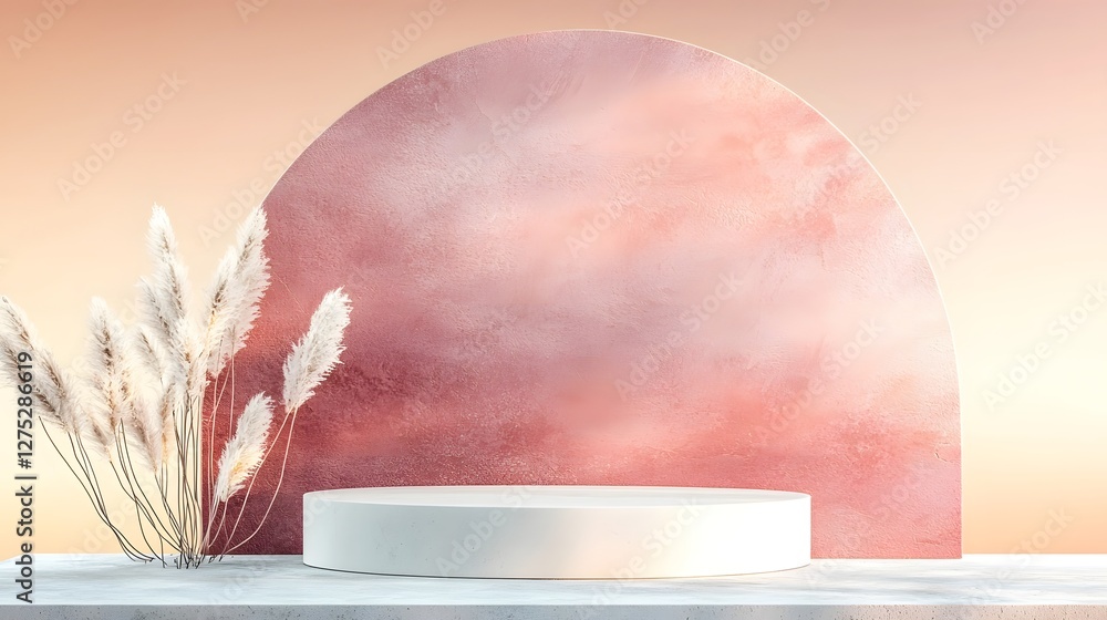 Poster contemporary abstract setting featuring a gracefully curved geometric arch and a minimalist round po