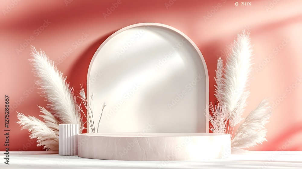 Poster A modern minimalist abstract scene with a sleek geometric arch and a smooth podium in soft pink and white tones illuminated by gentle natural light
