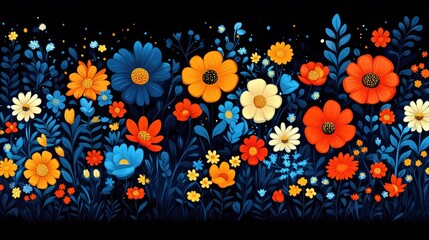 Colorful floral border, night garden, decorative design, stock photo