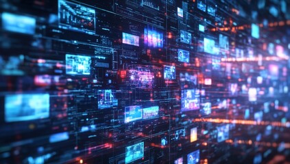 Digital data streams flow across a futuristic wall