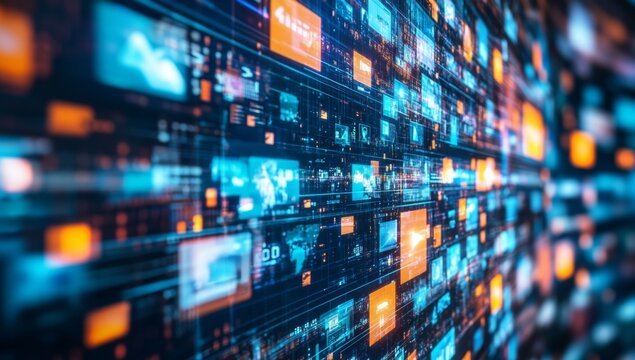 Digital data streams flow on futuristic wall, glowing, background blurred - Powered by Adobe