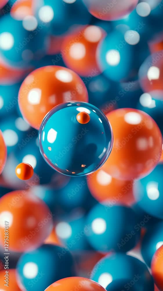 Poster colorful spheres float in a dynamic arrangement against a blurred backdrop of similar orbs