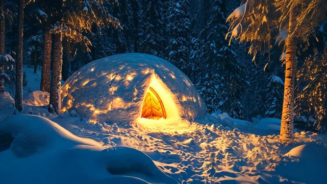 Cozy igloo glowing warmly in a snowy forest under a starry night sky, Cozy igloo in a snowy forest at night with warm light glowing Winter serenity concept