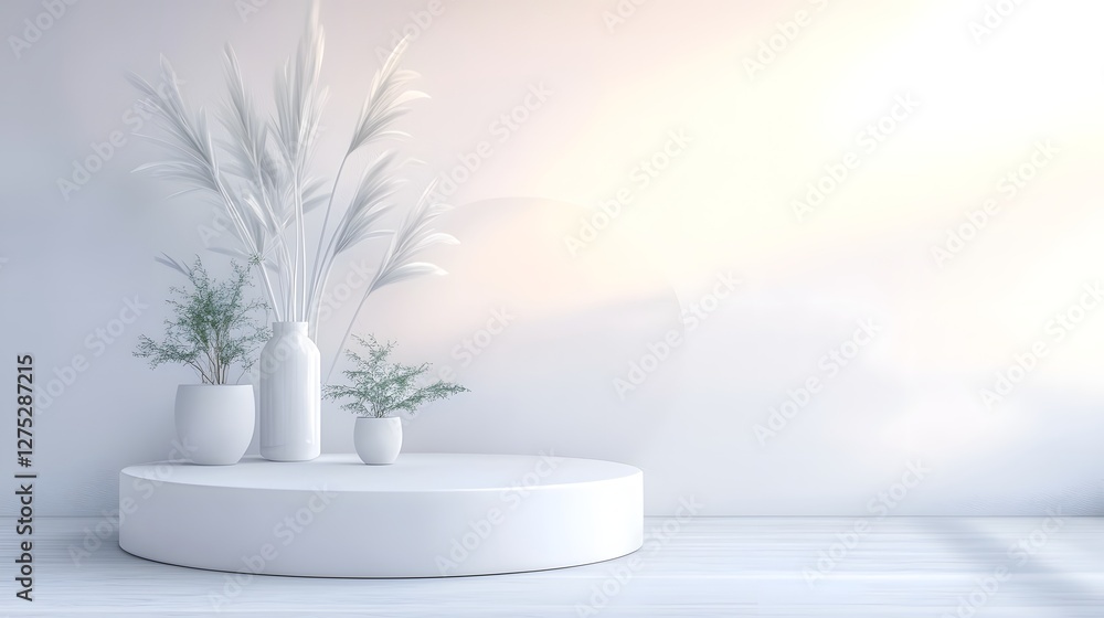 Poster elegant and calming minimalist white interior featuring a perfectly round podium or platform with na