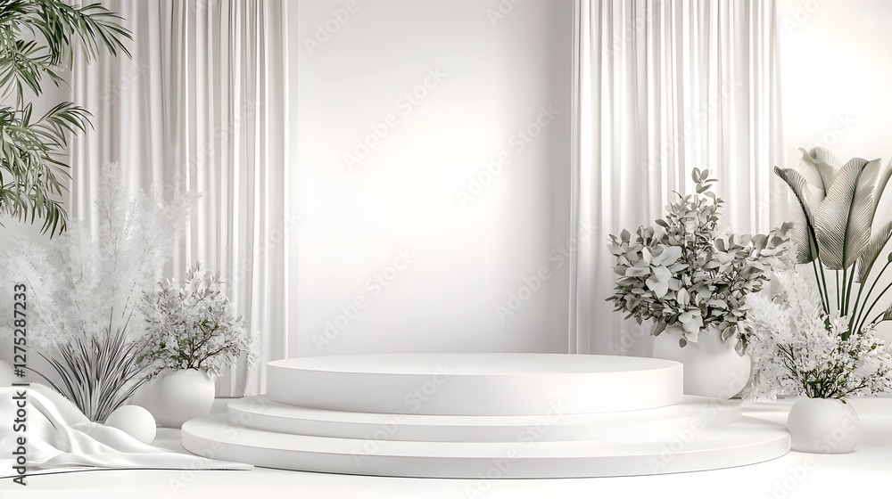 Poster calming and elegant minimalist white studio space featuring a perfectly round podium natural potted 