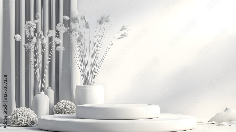 Aufkleber elegant and calming minimalist white studio space featuring a perfectly round podium lush natural gr
