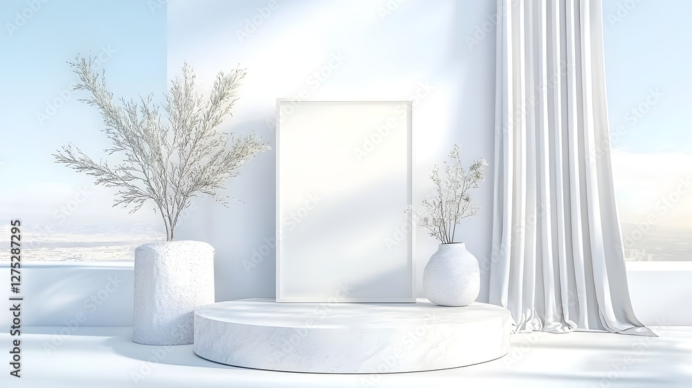 Poster tranquil and sophisticated modern luxury white interior setting designed for product display featuri