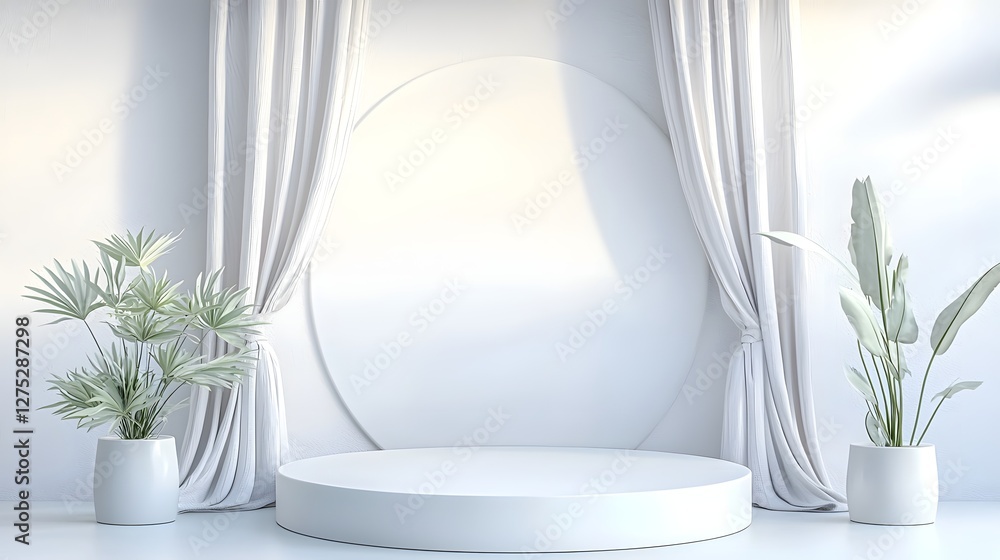 Poster minimalist elegant white interior design featuring a sleek round podium for product display surround