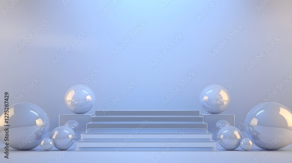 Poster a sophisticated minimalist design featuring polished glass like spheres symmetrically placed on a ti