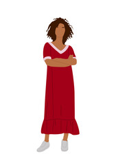 Stylish black girl wearing summer street fashion outfit, red long dress and sneakers. African american woman standing summer in casual clothes with her arms crossed. Vector illustration isolated.
