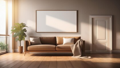 Elegant Room Illuminated by Sunlight Spacious Living Space Featuring a Classic Picture Frame, Cozy Sofa, and Hardwood Parquet Floor Perfect for Home Decor and Interior Design Inspiration