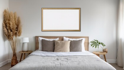 Minimalist Picture Frame Mockup Against a White Backdrop in a Cozy Bedroom Interior, Showcasing Clean Lines and Elegant Simplicity with a Touch of Modern Chic.