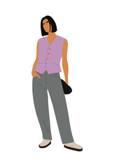 Stylish young girl wearing summer street fashion outfit. Business woman in smart casual office clothes. Modern female character Vector realistic illustration isolated