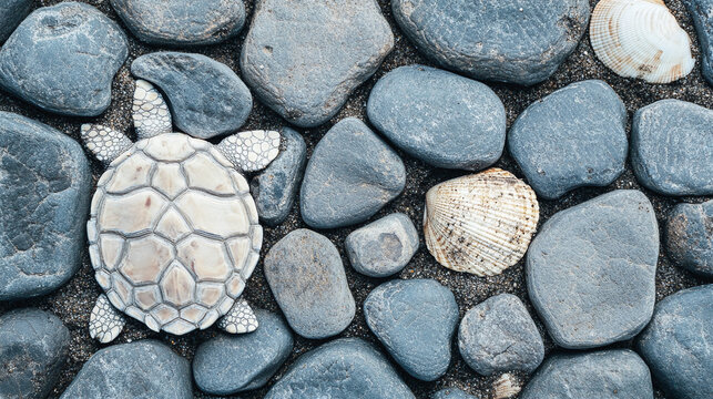 Sea Turtle and Shells on Pebbles Beach Scene