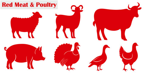 Red Meat and Poultry silhouette vector consists of beef, goat meat, pork, chicken, duck meat, and turkey meat © Bigeyes