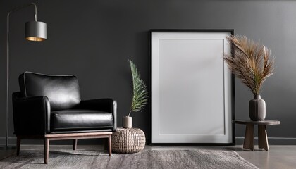 Minimalist Picture Frame Mockup in Dark Tones Elegant Black Leather Armchair and Minimal Decor in a Moody Atmosphere