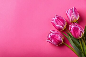 Obraz premium Three pink tulips are arranged in a row on a pink background