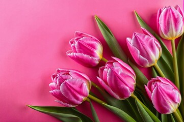 Obraz premium Three pink tulips are arranged in a row on a pink background