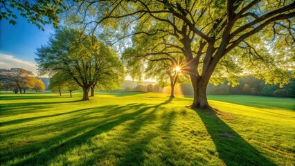 Fototapeta premium Serene Sunrise Illuminates Lush Green Meadow with Majestic Trees Casting Long Shadows