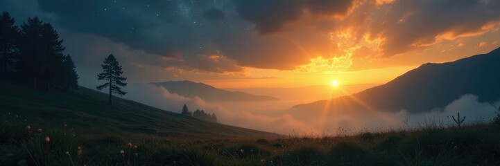 Fototapeta premium Starlight descends upon a quiet landscape with golden glow, mystical, misty, starlight