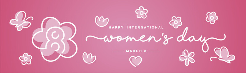 International Women's Day banner greeting card flyer for March 8 with handwritten calligraphy flower butterfly silhouette vector illustration on pink background
