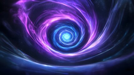 Captivating Cosmic Spiral of Glowing Blue and Purple Energy in a Celestial Void   A surreal and vibrant cosmic spiral of glowing blue and purple energy radiating from its core like a living entity